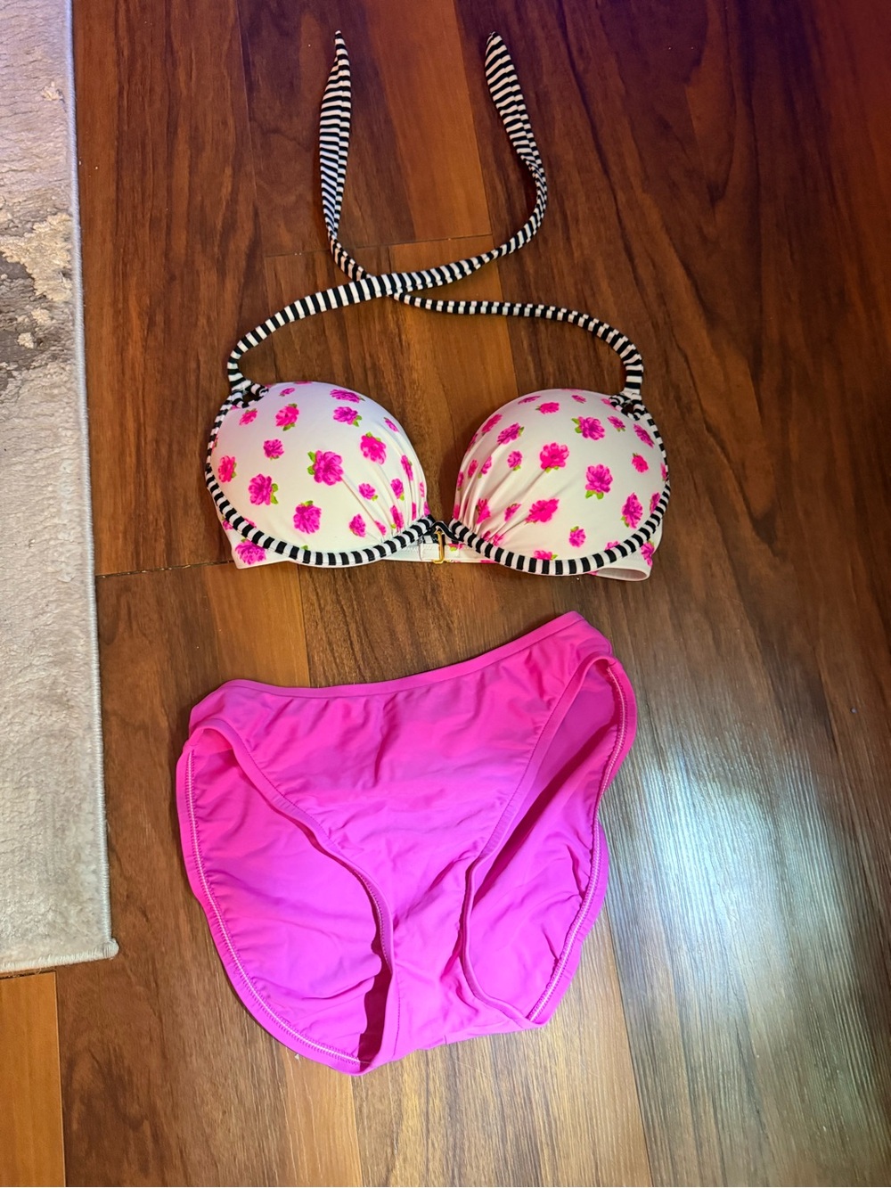 Pink Floral Push-Up Bikini Set with Striped Trim